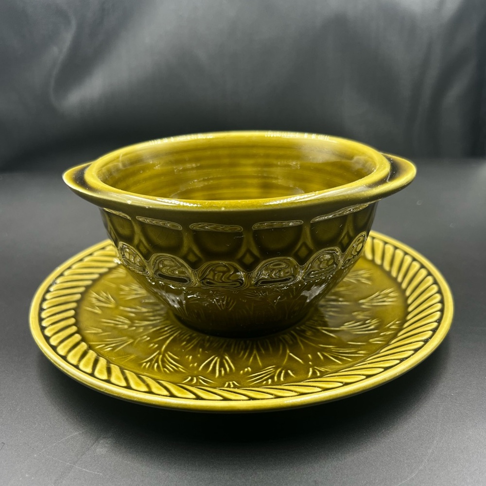 Vintage Sarreguemines France soup bowl and Saucer Green Soup Bowls With Saucers